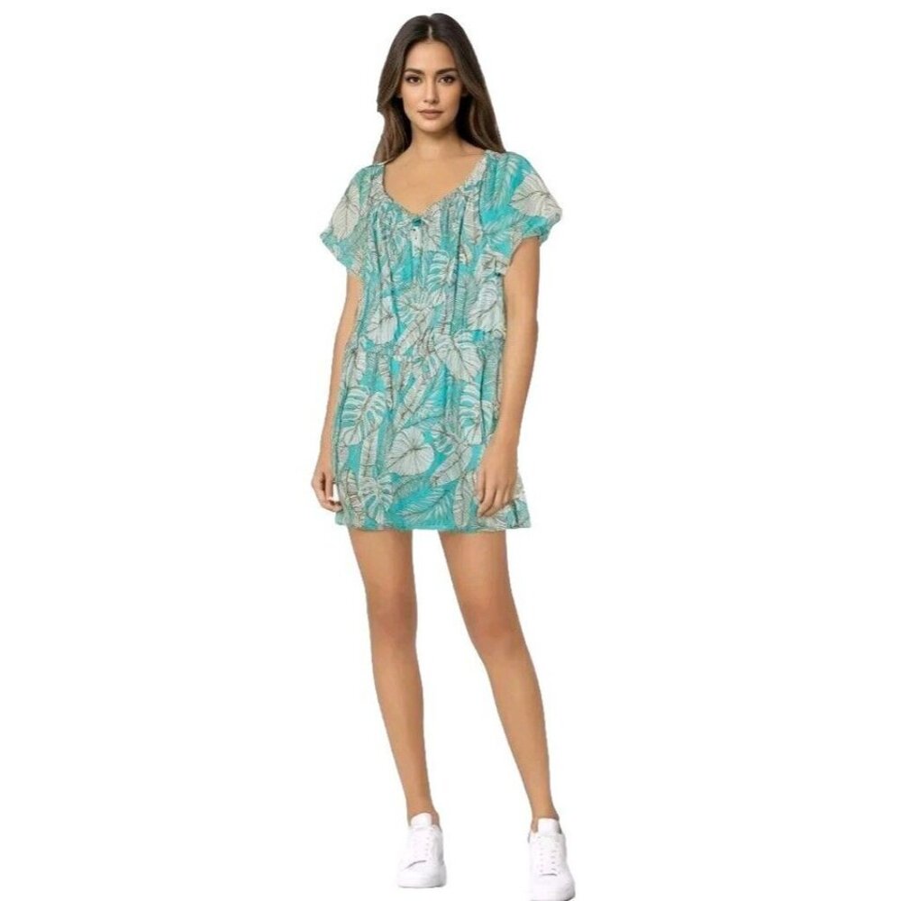 Talbots Summer Dress Womens 12 Blue Tropical Gauzy Beach Coastal Peasant Ruffle